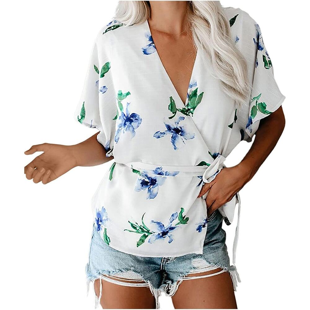 NWT COLLECTIVE CONCEPTS Semi-Sheer Floral Wrap Blouse (Ivory | Size S) - Picture 1 of 10